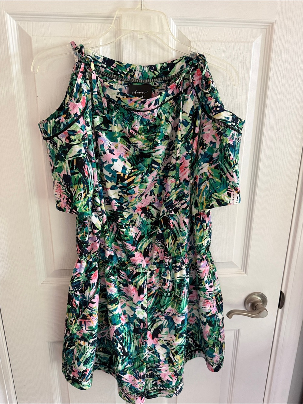 Clover and Sloane Green, Pink and White Cold-Shoulder Floral Romper
